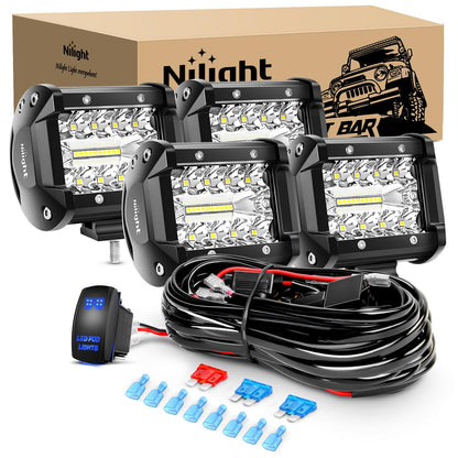 Nilight 4" LED Light Pod Blue Triple Row 2PCS 60W Flood Spot Combo Driving Fog Lights Fishing Hunting Emergency Safety Signal Deck Trailer Lights for UTV Pick-up Van Boat Tractor, 2 Years Warranty