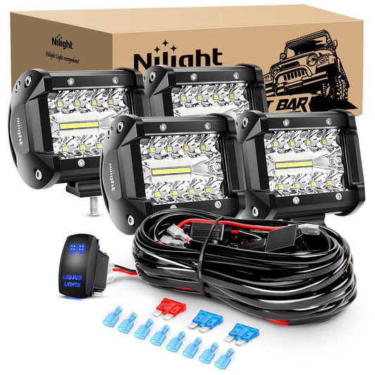 Nilight 4" LED Light Pod Blue Triple Row 2PCS 60W Flood Spot Combo Driving Fog Lights Fishing Hunting Emergency Safety Signal Deck Trailer Lights for UTV Pick-up Van Boat Tractor, 2 Years Warranty