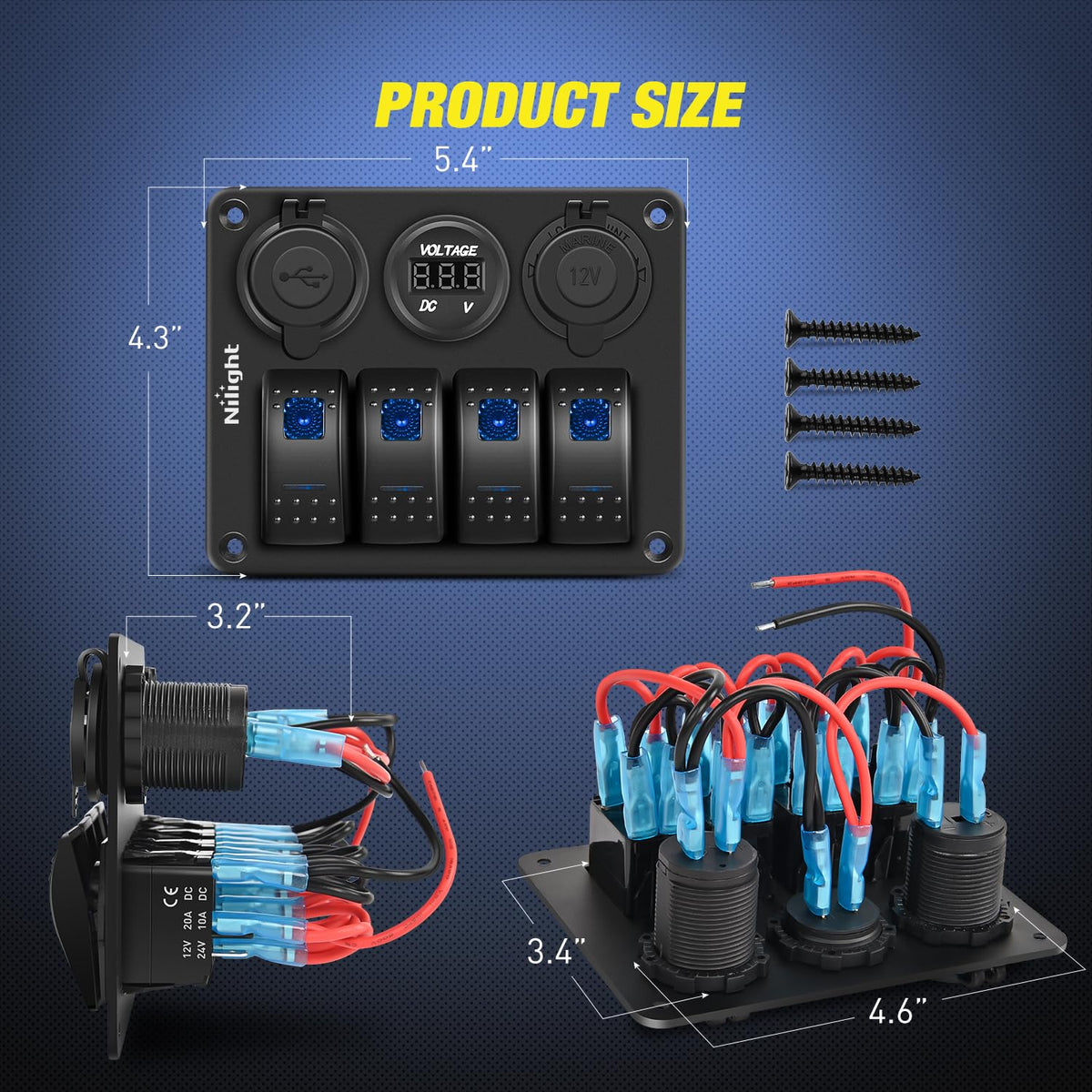 Nilight 90450B Panel de Interruptor de 4 Bandas Impermeable de Aluminio con PD Tipo C y USB, 12V/24V