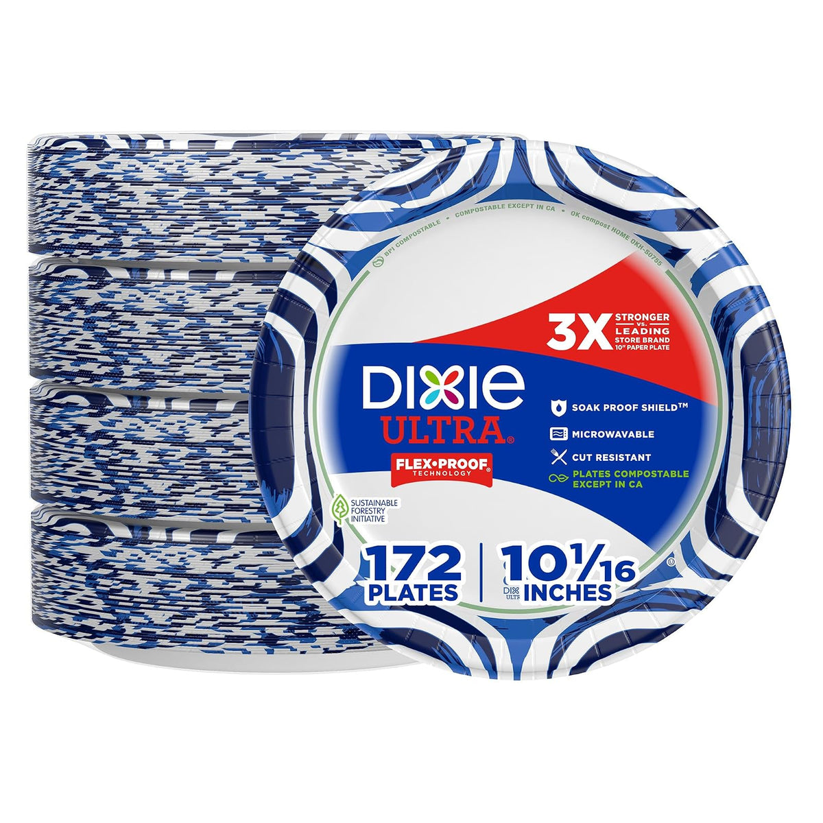 Dixie Ultra Platos de papel, 10 1/16 pulgadas, plato desechable impreso tamaño cena, 172 unidades (4 paquetes de 43 platos), el embalaje y el diseño pueden variar