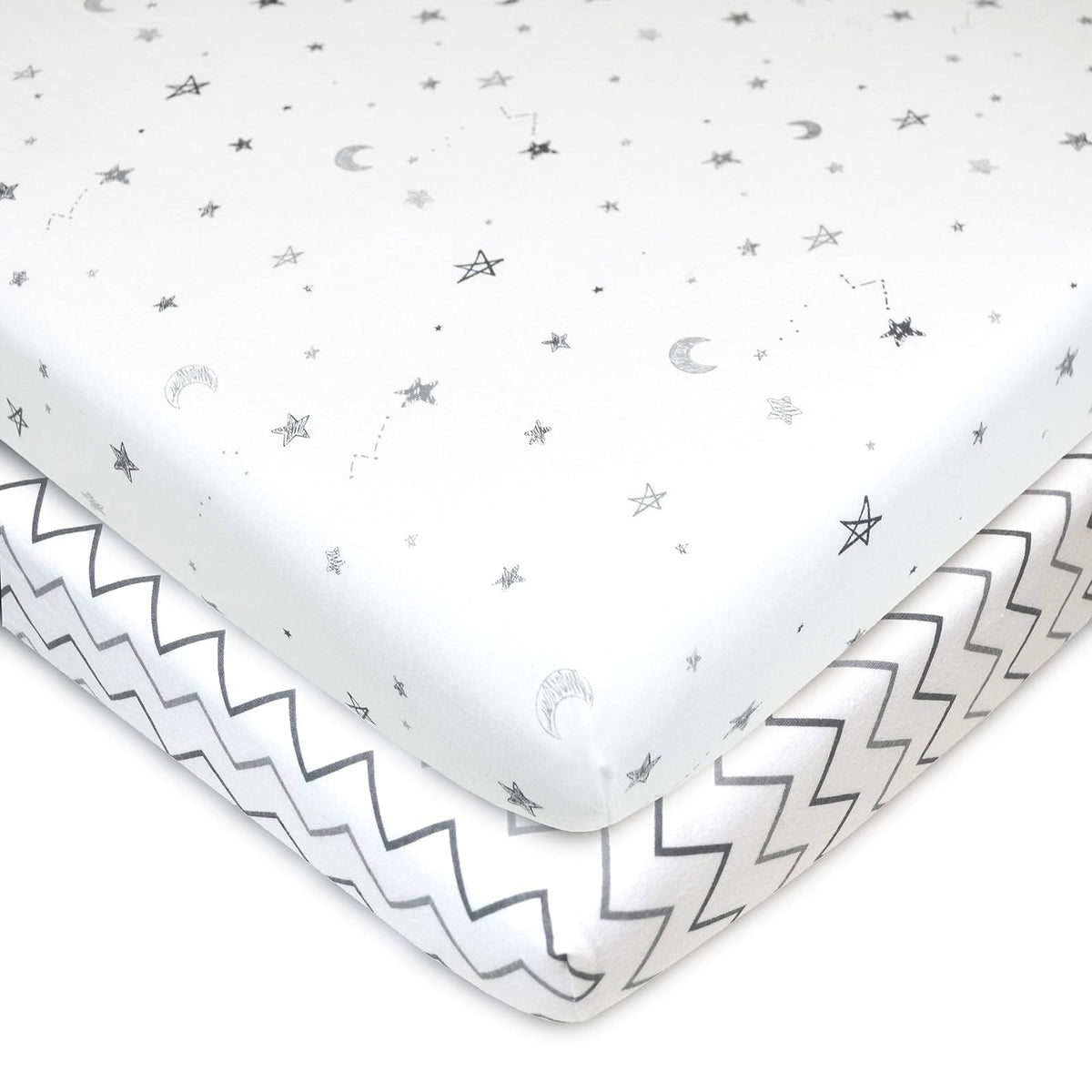 American Baby Company Sábana Ajustable de Algodón para Mini Cuna - Stars and Zigzag - 2 Piezas