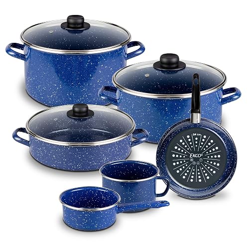 Ekco | Batería de Cocina 9 Pzas Acero Esmaltado para Inducción Azul | Compatible con inducción, Tapas de vidrio, Fácil limpieza, Asas ergonómicas, Calentamiento uniforme, Alta durabilidad