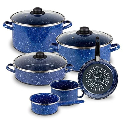 Ekco | Batería de Cocina 9 Pzas Acero Esmaltado para Inducción Azul | Compatible con inducción, Tapas de vidrio, Fácil limpieza, Asas ergonómicas, Calentamiento uniforme, Alta durabilidad