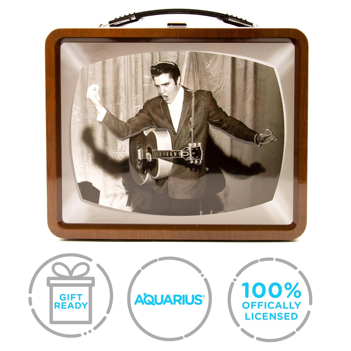 AQUARIUS Elvis TV Fun Box - Caja de almacenamiento de lata resistente con mango de plástico y cubierta frontal en relieve, con licencia oficial de Elvis y regalo coleccionable
