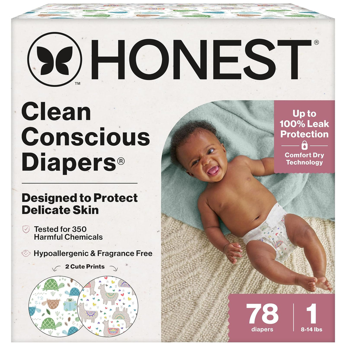 The Honest Company Pañales Clean Conscious, Hipoalergénicos, Sin Fragancia - Size 1 (78 Count) - Todas Las Alpacas + Turtle Time