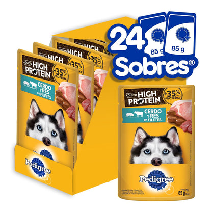 Pedigree - High Protein Alimento para Perro Adulto, 24 Sobres, Sabor Cerdo y Res, 85g c/u, con Proteína, Antioxidantes y Vitamina E