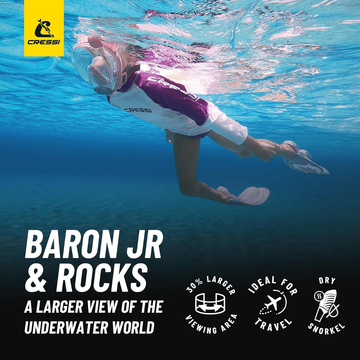 Cressi Junior Snorkeling Kit for Kids Aged 5 to 15 - Full Face Mask + Adjustable Fins + Lightweight Colorful Equipment - Baron Jr & Rocks Set: Made in Italy