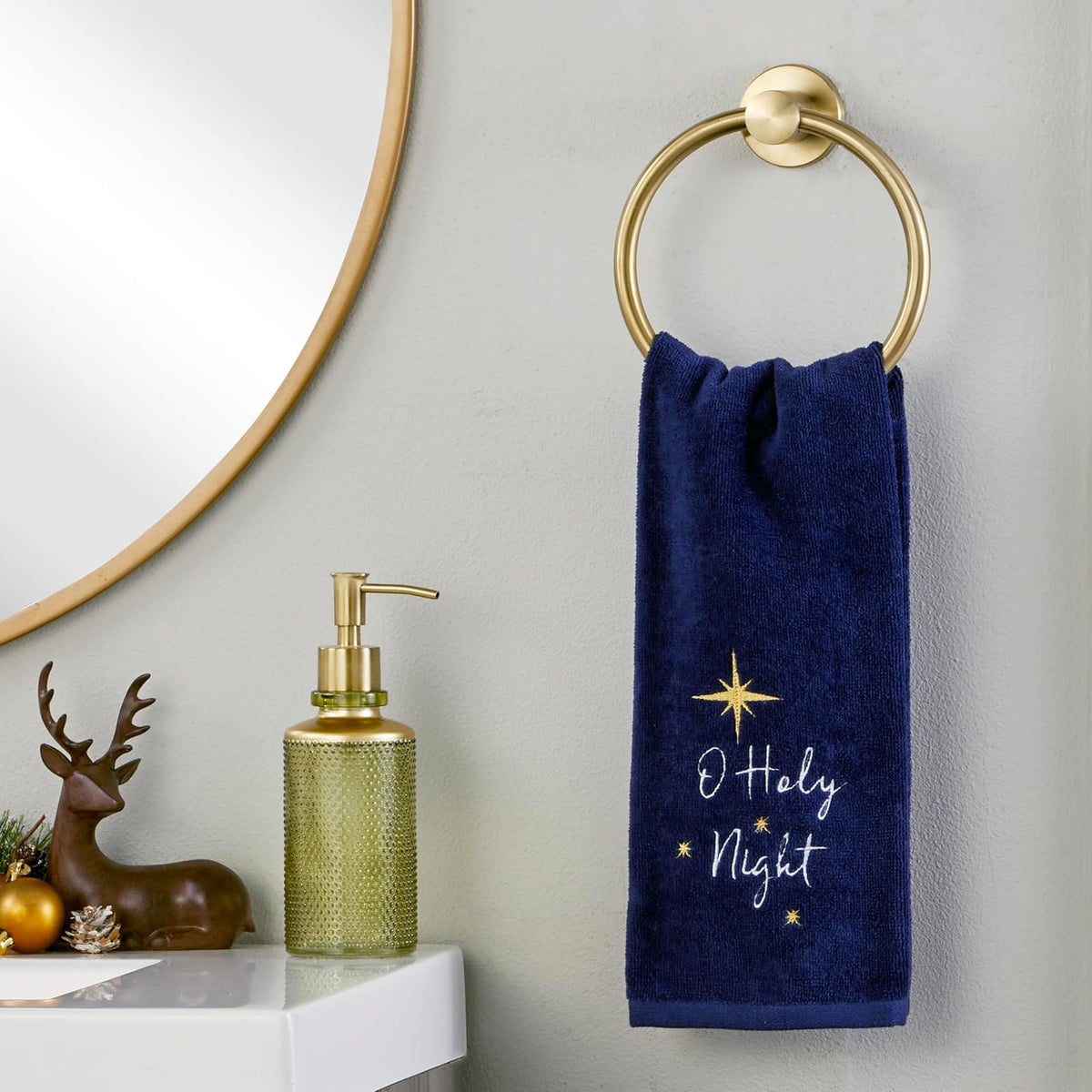 SKL Home Religious/Christmas/Winter O Holy Night Juego de 2 Toallas de Mano para baño/Cocina y Regalo, Color Azul Marino