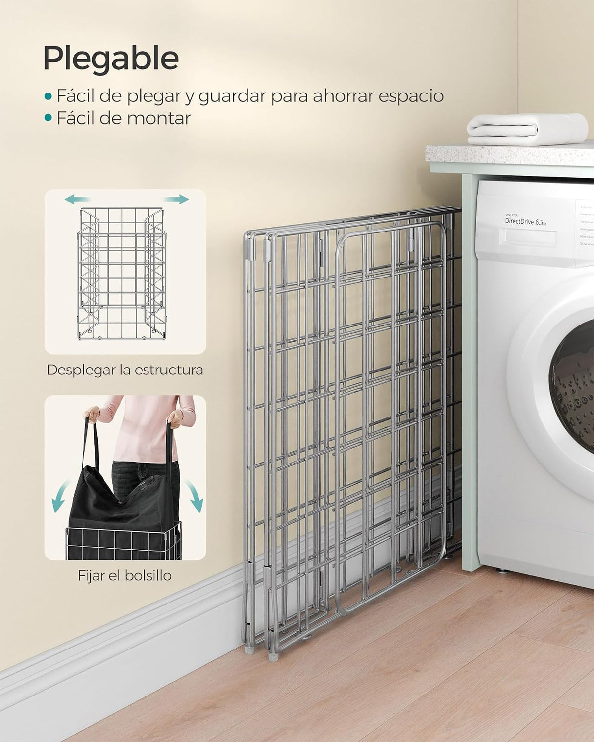 SONGMICS Cesto de Ropa Sucias Plegable con Bolsa Extraíble y Lavable, Marco de Acero, Capacidad 90L, 48x33x58 cm MLCB190B01