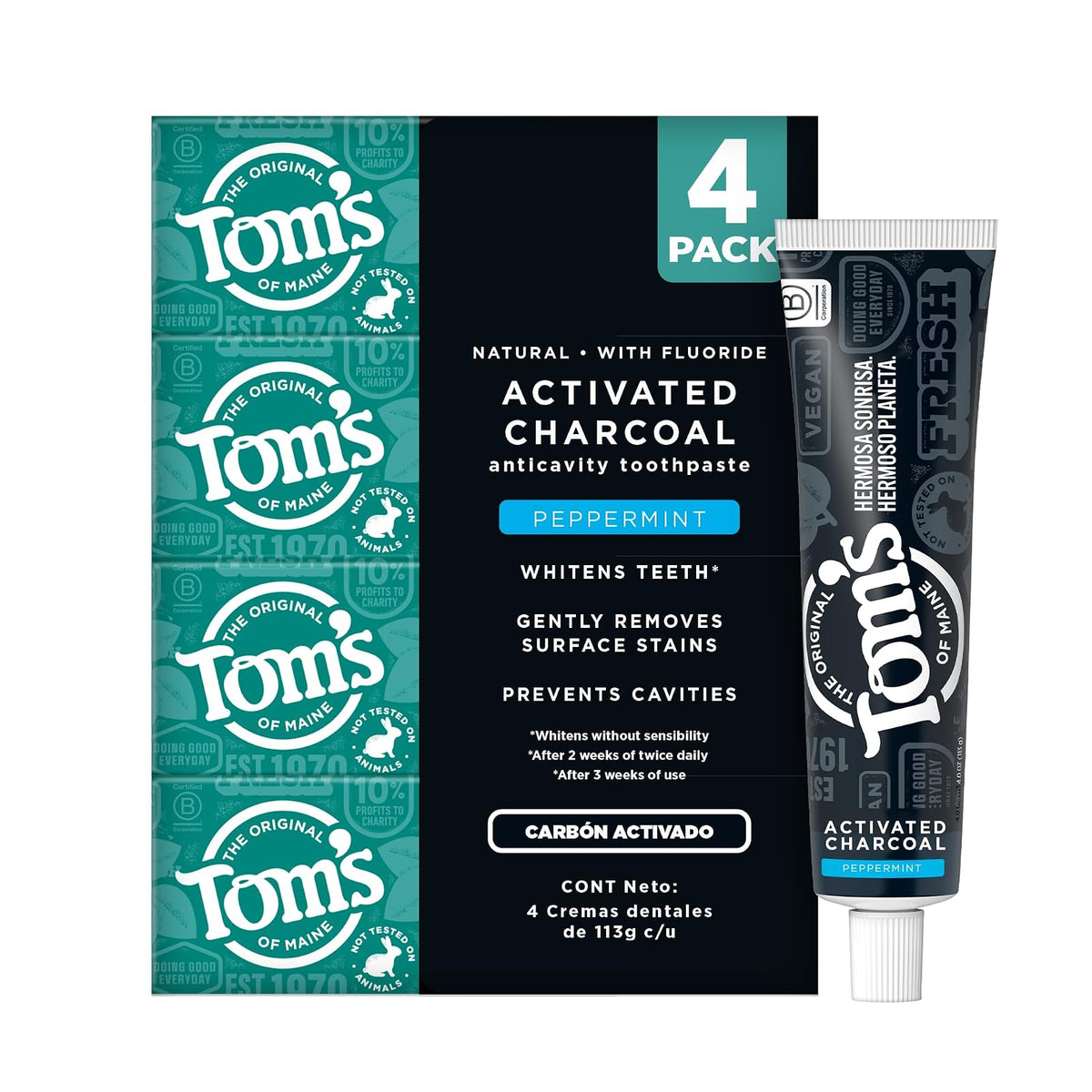Tom´s Of Maine Pasta Dental con Flúor Blanqueadora Carbón Activado 4 pack | Dientes Blancos sin Dañar el Esmalte y con Ingredientes Naturales