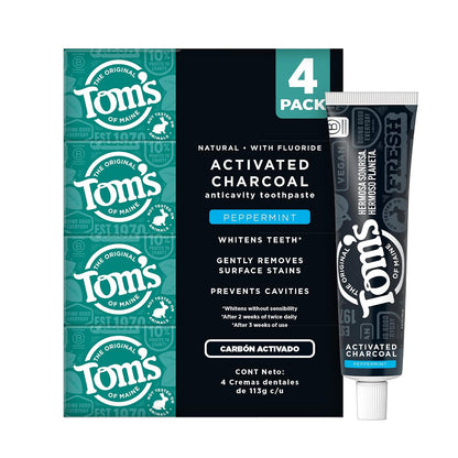 Tom´s Of Maine Pasta Dental con Flúor Blanqueadora Carbón Activado 4 pack | Dientes Blancos sin Dañar el Esmalte y con Ingredientes Naturales