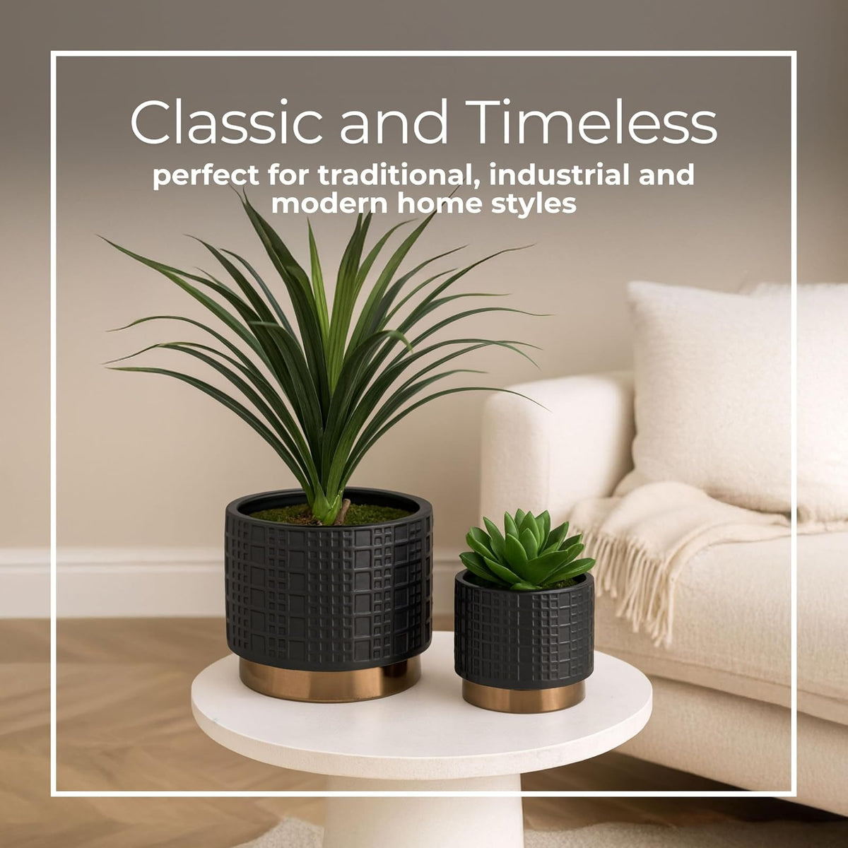 Sagebrook Home Macetas de cerámica y gres con Detalles Dorados Modernas y Decorativas para Plantas suculentas Flores y Hierbas Elegante decoración del hogar y la Oficina; Juego de 2 Color Negro
