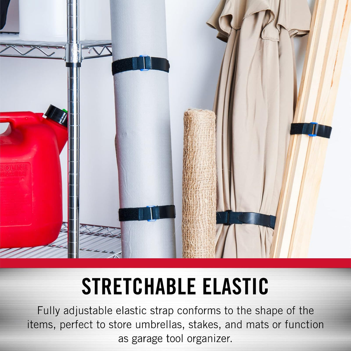 VELCRO Brand Garage Organization Correas elásticas de cincha, color negro | Correas reutilizables de 1 pulgada de ancho para agrupar postes y estacas, gestionar cables de herramientas eléctricas