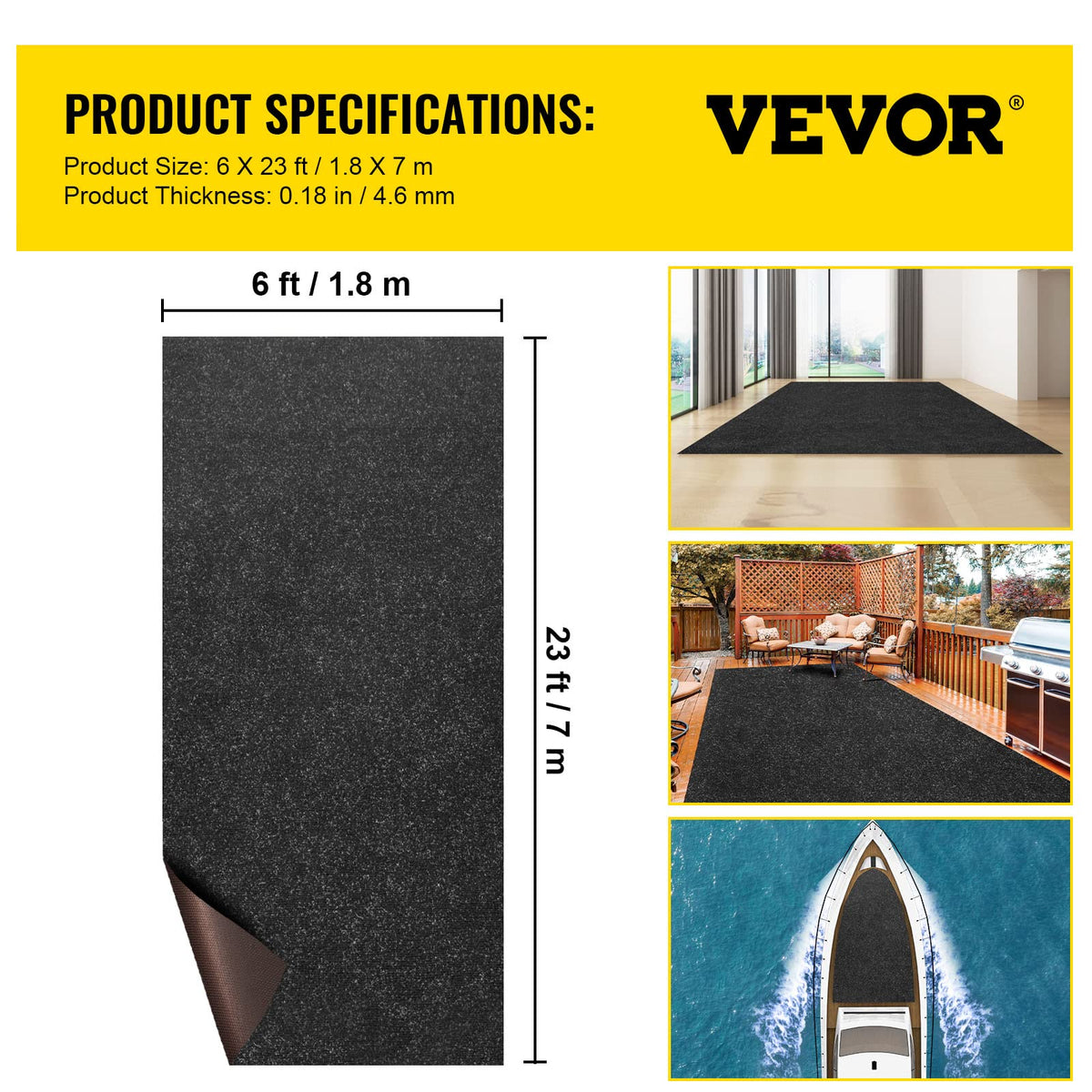 VEVOR - Alfombra marina, alfombra de barco de 6 x 23 pies, alfombra de barco de grado marino, color negro carbón, alfombra marina para interiores y exteriores con respaldo TPR a prueba de agua, rollo
