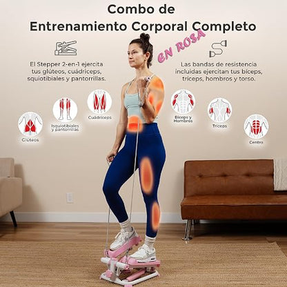 Sunny Health & Fitness Mini Stepper con Bandas para Casa | Cardio Completo c/ Resistencia Hidráulica, Medidor LCD, Sin Montaje, Bandas, Cap. 135 kg y SunnyFit App