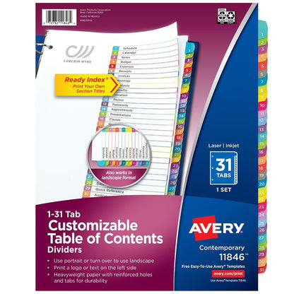 Avery 11846 Separador Prediseñado con Pestañas Multicolor 1-31