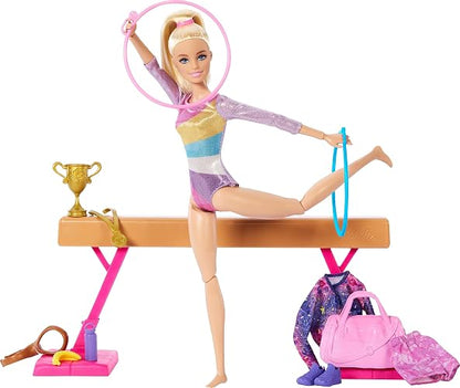 Barbie, Profesiones, Set de Juego Gimnasta, Muñeca con Cabello Rubio, para Niñas de 3 Años en Adelante, Mattel, Gimnasia, Viga de Equilibrio y más de 10 Piezas temáticas