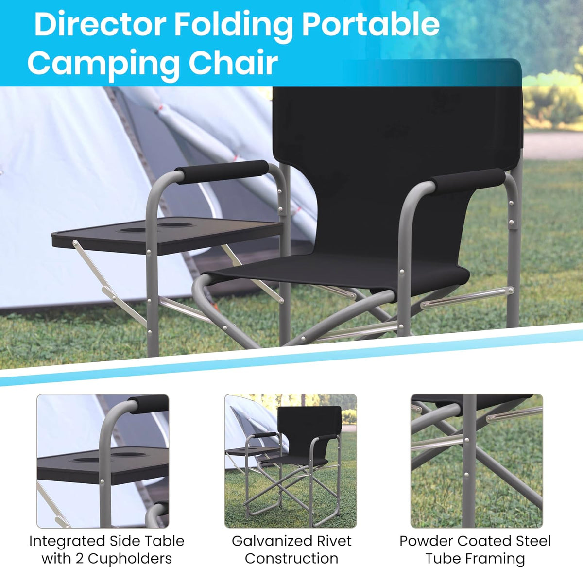 Flash Furniture Folding Directors Camping Chair - Portable Black Sports Chair with Cupholder Side Table - Indoor/Outdoor Steel Tube Framed Foldable Chair
