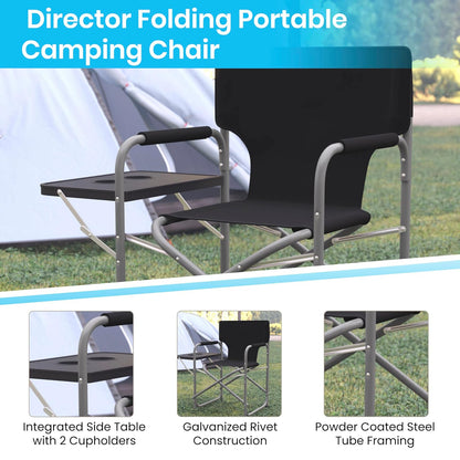 Flash Furniture Folding Directors Camping Chair - Portable Black Sports Chair with Cupholder Side Table - Indoor/Outdoor Steel Tube Framed Foldable Chair