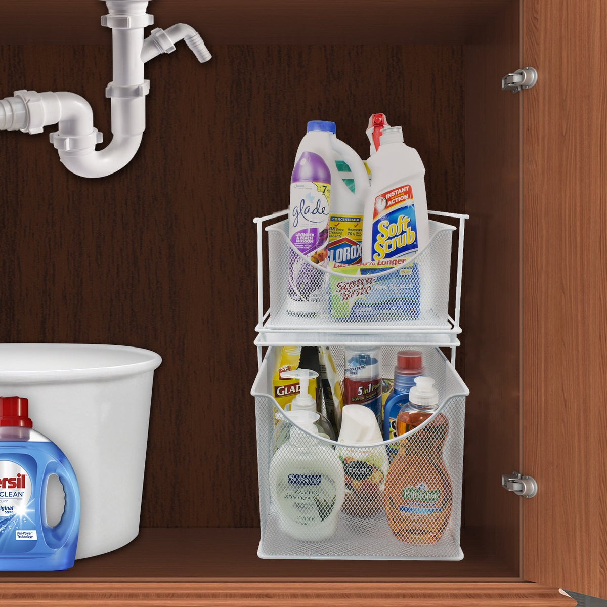 Sorbus® Cabinet Organizer Set—Mesh Storage Organizer with Pull Out Drawers—Ideal for Countertop, Cabinet, Pantry, Under the Sink, Desktop and More (White 2 Drawer)