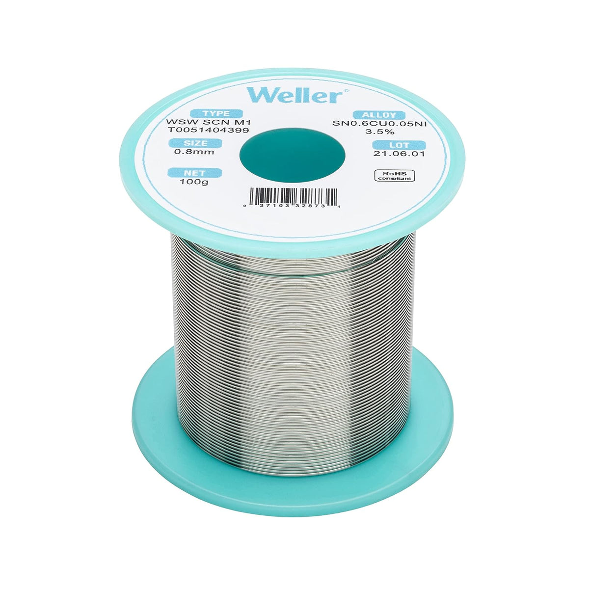 Weller WSW SCN M1 (T0051404399) Alambre de soldadura sin plomo, diámetro: 0.8 mm / 0.039 in, peso: 100 g / 3.527 oz, aleación Sn99.3Cu0.6Ni0.05, contenido de flujo 3.5% - .8 mm