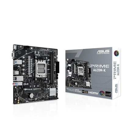 ASUS Prime A620M-K Tarjeta Madre AMD para armar tu PC de Trabajo y Estudio | mATX, AMD AM5 (Ryzen 9000/7000), DDR5 hasta 7200+ (OC) EXPO, PCIe 4.0 x16, ranura M.2 (PCIe 4.0), LAN Gigabit, 4x SATA