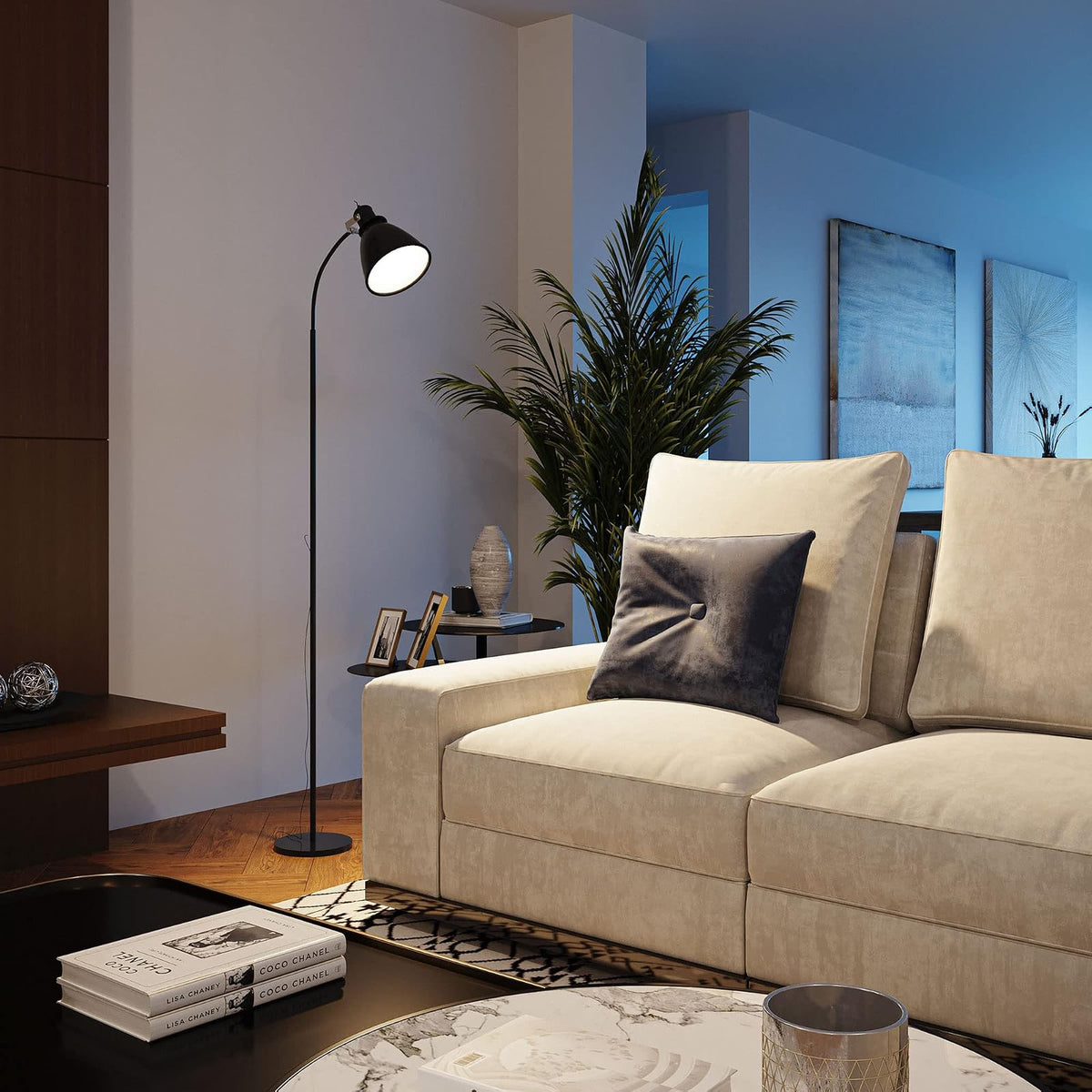 ILLUX Lámpara pie para sala estar, Moderna, color negro, Luz Cálida, Ajustable, ideal para dormitorio, oficina, PL-6606.N30