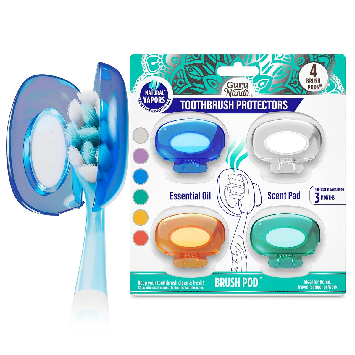GuruNanda - Paquete de 4 cápsulas de cepillo para polvo de dientes para cepillos manuales y eléctricos, protector de cepillo para polvo de dientes de plástico con clips con vapores de aceite esencial