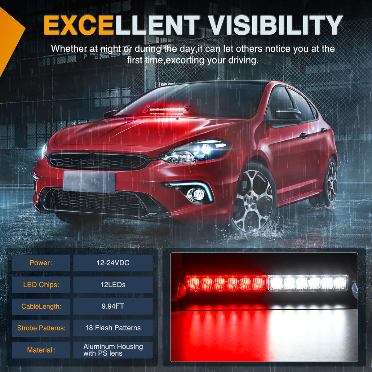 Nilight - Barra de luz estroboscópica de 12 luces LED para asesor de tráfico, color rojo y blanco, advertencia de emergencia, peligro, salpicadero, luces intermitentes para automóviles, camiones, policía