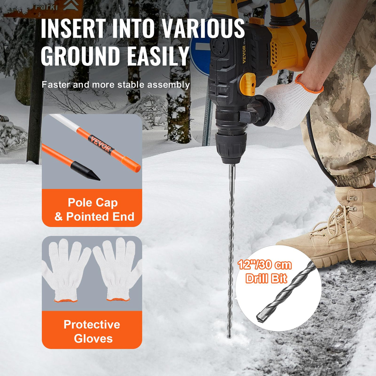 VEVOR Marcadores de Entrada 100 PCS Estacas de Nieve Naranja Fibra de Vidrio 0,78x121,5 cm Instalación de Tira Reflectante de Alta Visibilidad Broca de Acero 30 cm Protectores para Estacionamientos