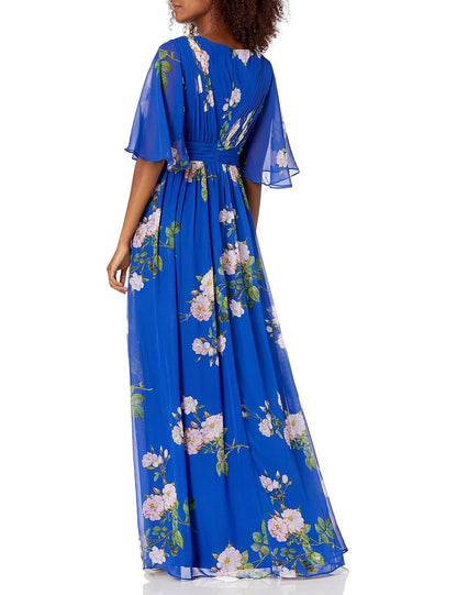 Adrianna Papell Floral Chiffon Dress with Flutter Sleeves Vestido Formal de Noche Mujer
