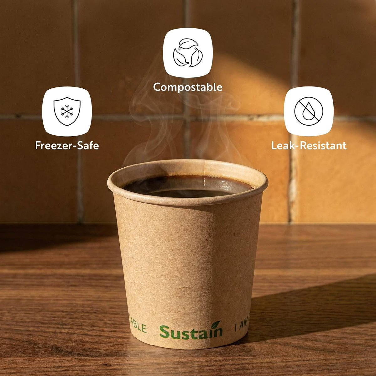 Restaurantware Sustain - Tazas calientes de 4 onzas, 50 tazas de café de una sola pared, tapas se venden por separado, revestimiento de PLA a prueba de fugas, taza de papel kraft compostable, tolera