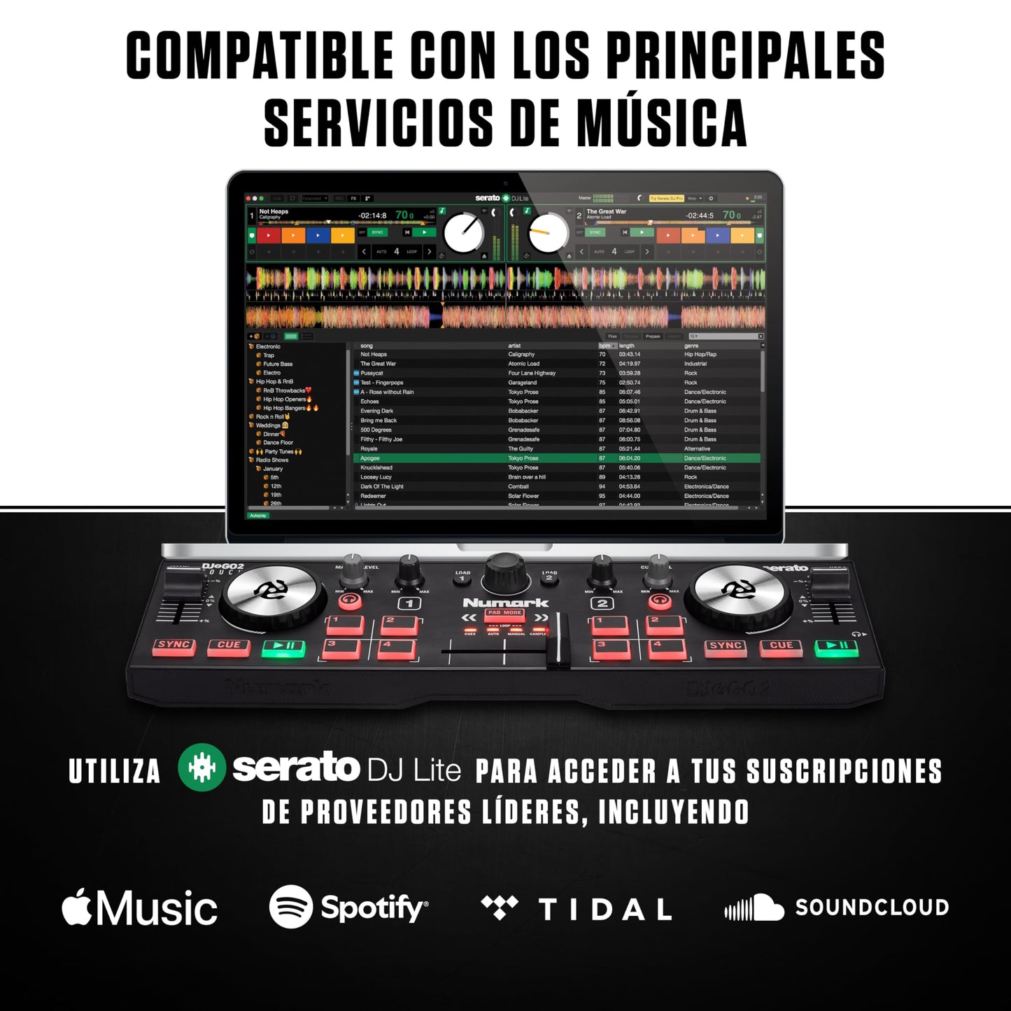 Numark DJ2GO2 Touch - Mini controlador DJ USB, 2 decks para Serato DJ con mezclador/crossfader, interfaz de audio y jog wheels de sensibilidad táctil