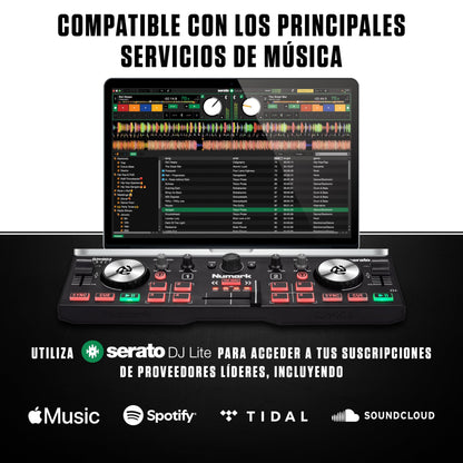 Numark DJ2GO2 Touch - Mini controlador DJ USB, 2 decks para Serato DJ con mezclador/crossfader, interfaz de audio y jog wheels de sensibilidad táctil