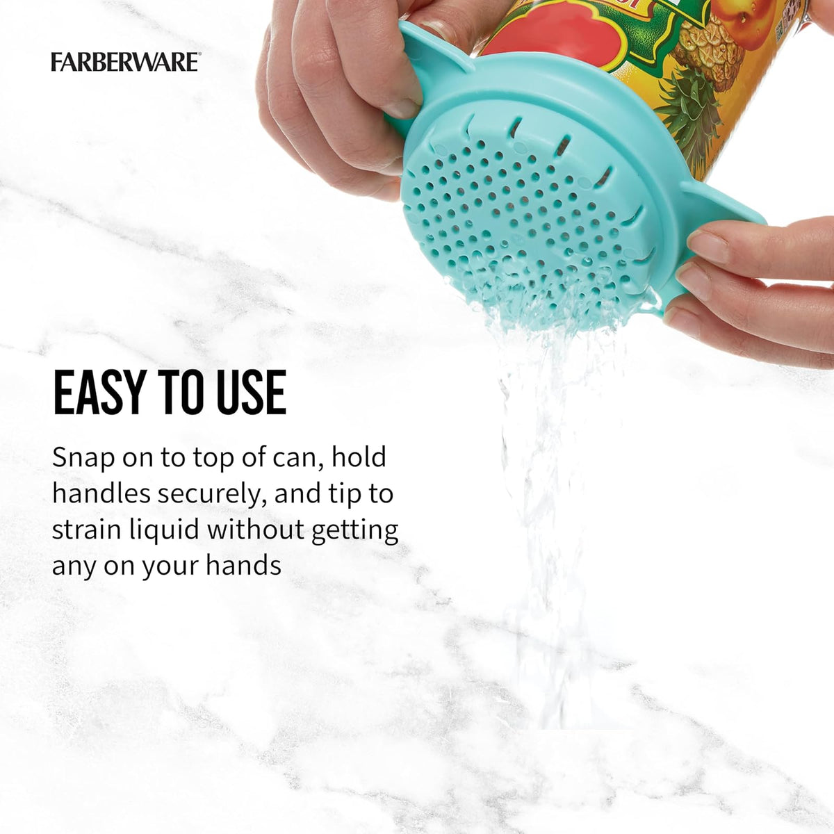 Farberware Colador de latas, para colar rápida y fácil pasta, frutas, verduras, jugos, atún y más, se adapta a la mayoría de latas estándar, apto para lavaplatos, Aqua Sky