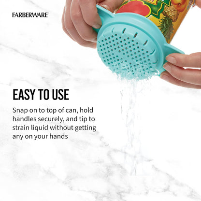 Farberware Colador de latas, para colar rápida y fácil pasta, frutas, verduras, jugos, atún y más, se adapta a la mayoría de latas estándar, apto para lavaplatos, Aqua Sky