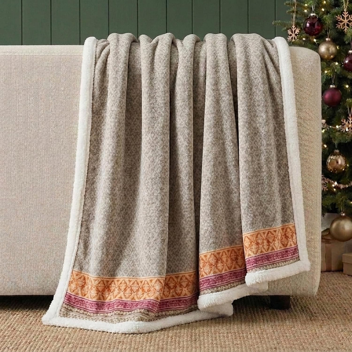 Eddie Bauer - Manta de Forro Polar Cepillado con Reverso Sherpa, Suave y acogedora decoración del hogar para Cama o sofá (Fair Isle Khaki, 50 x 70 Pulgadas)