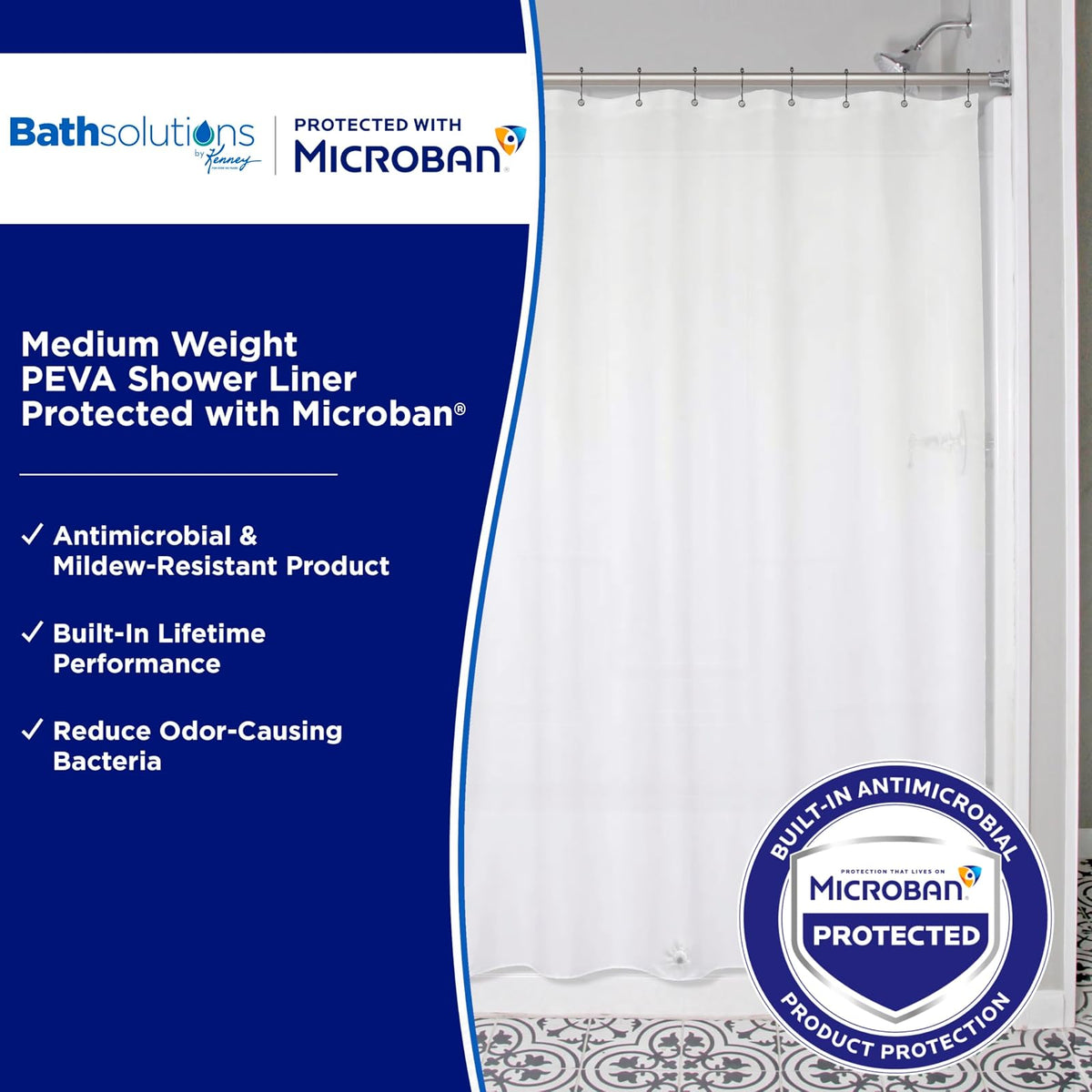 Kenney MB61158 Microban Protector de cortina de ducha impermeable de PEVA de calibre 4.8 con ojales de metal resistentes al óxido y dobladillo magnético pesado para baño, 70 pulgadas de ancho x 72 pulgadas de alto, esmerilado, paquete de 1