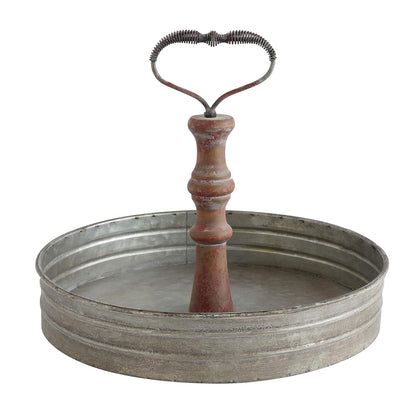 Creative Co-Op DA6875 Bandeja Decorativa Redonda de Metal y Mango de Madera, Color Plateado