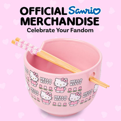 Silver Buffalo Sanrio Hello Kitty - tazón de arroz con palillos para fideos de cerámica con diseño de flores, apto para microondas, 20 onzas