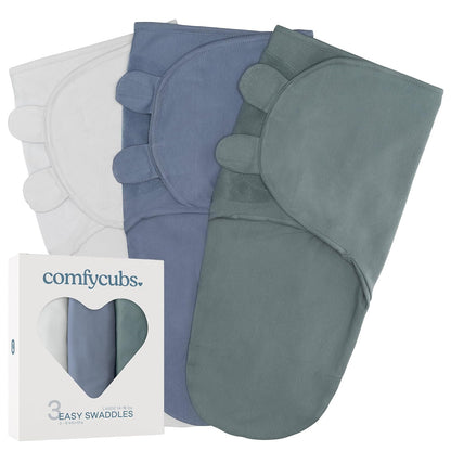 Comfy Cubs Mantas Envolventes para Recién Nacido, Paquete de 3 - Stone, Nomadic Blue, Azul - Large (3-6 Months)