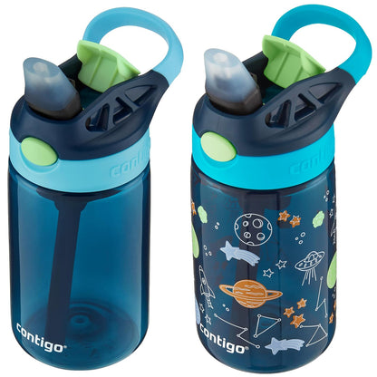 Contigo - Botella de agua para niños con popote, 14 onzas, paquete de 2, arándanos y frambuesa azul con cosmos, ideal para la escuela y el hogar