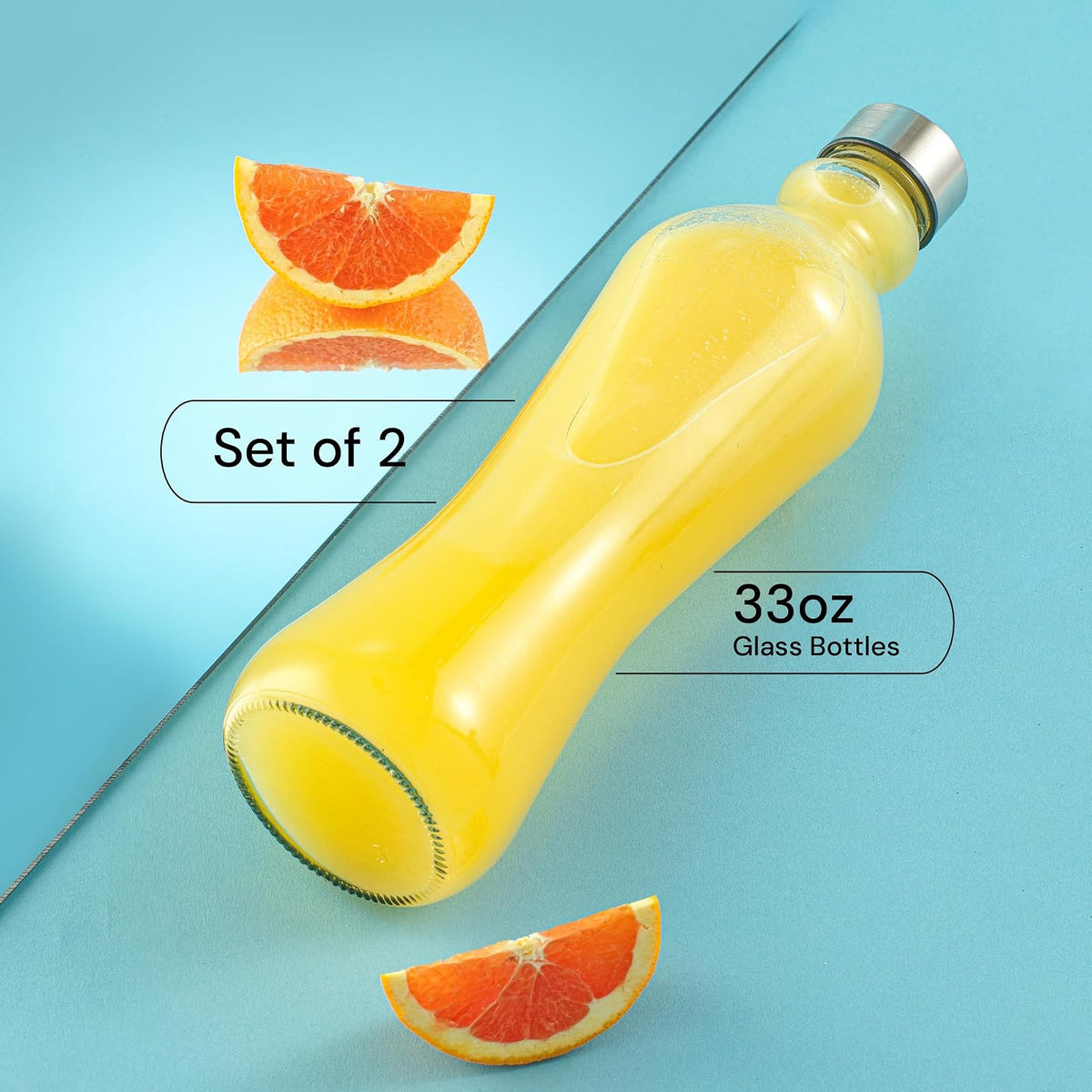 JoyJolt - Juego de 2 botellas de agua de vidrio, 32 onzas, 1 litro, vidrio transparente con tapas de acero inoxidable, a prueba de fugas, ideal para jugos o té helado