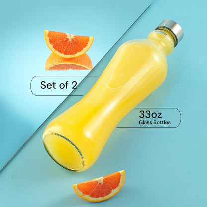 JoyJolt - Juego de 2 botellas de agua de vidrio, 32 onzas, 1 litro, vidrio transparente con tapas de acero inoxidable, a prueba de fugas, ideal para jugos o té helado