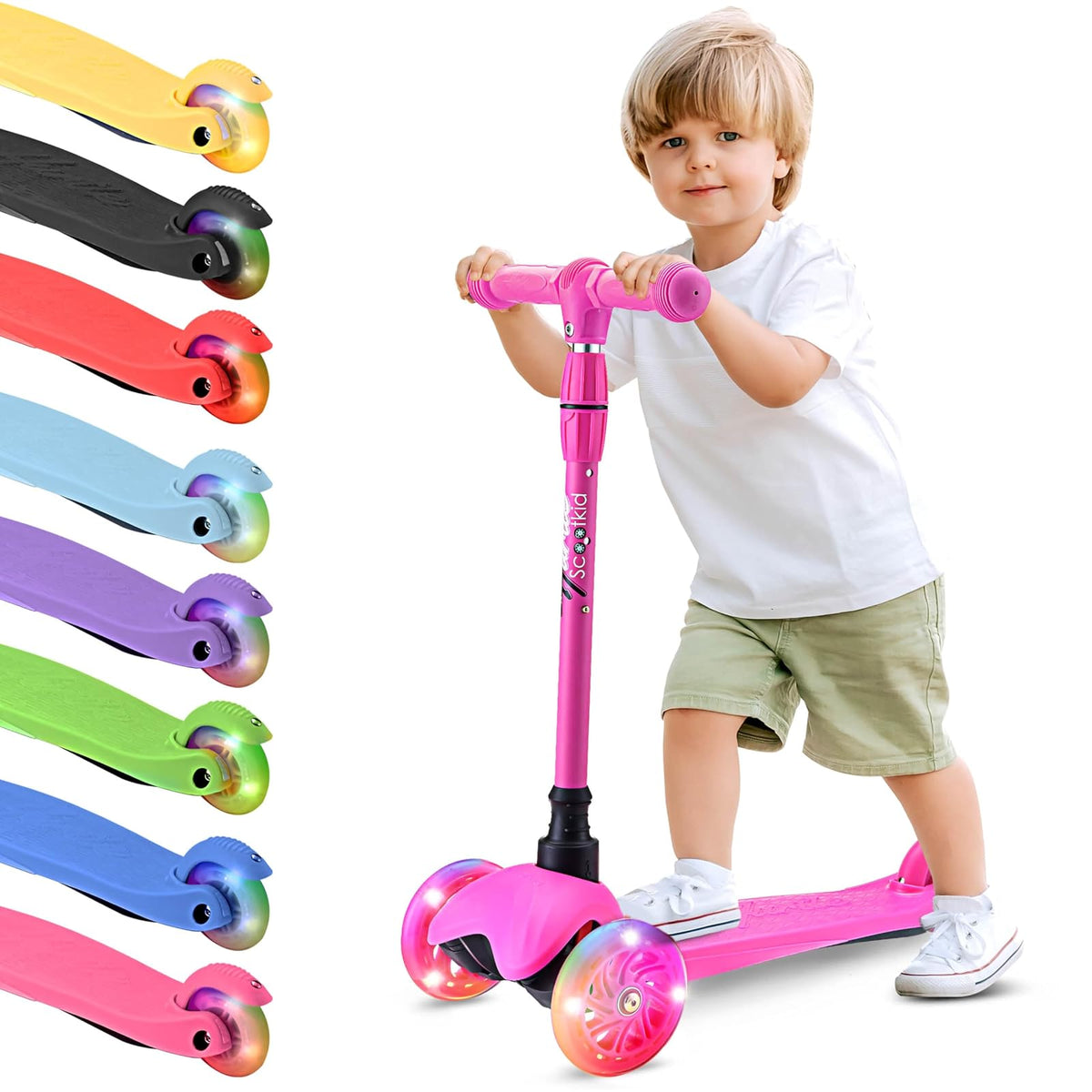 Hurtle Patín del Diablo 3 Ruedas con Luces LED para Niños de 2 a 5 Años, Manillar Ajustable - Rosa