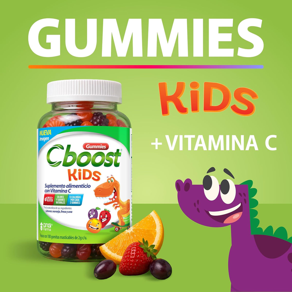 Cboost - Gomitas Kids Vitamina C para Niños, Sin Gluten, 180 Piezas, Fresa | Naranja y uva, colores y sabores naturales, 13 calorías por porción, gomitas a partir de 6 años