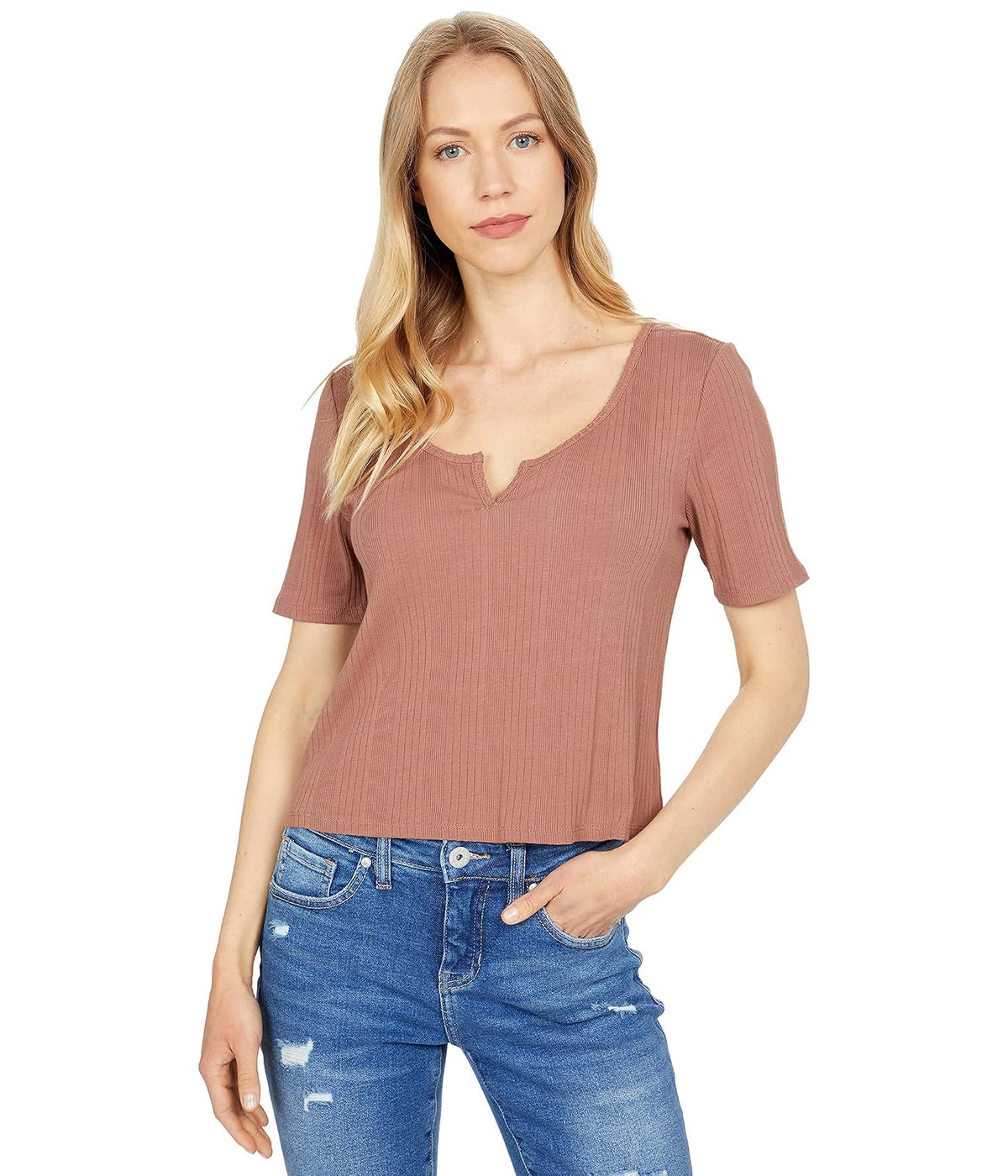 Lucky Brand Camiseta Acanalada de Manga Corta con Cuello de Muesca Camisa para Mujer