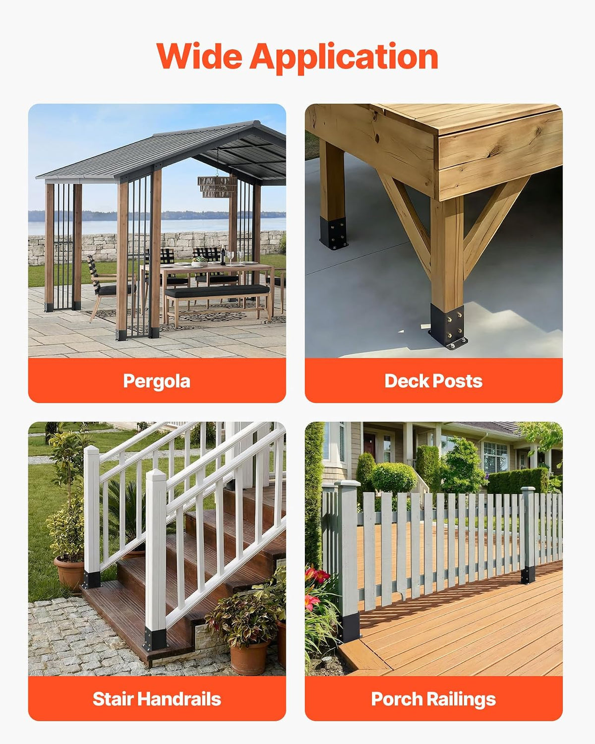 VEVOR 10 Piezas Soportes para Postes de Madera 4" x 4"(102x102 mm) Base Interna de Poste de Acero al Carbono para Anclaje de Poste con Recubrimiento en Polvo para de Soporte, Terraza, Negro