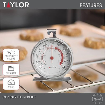 Taylor Precision Products 5932 Termómetro de horno de cocina de esfera grande, esfera de 3.25 pulgadas, acero inoxidable