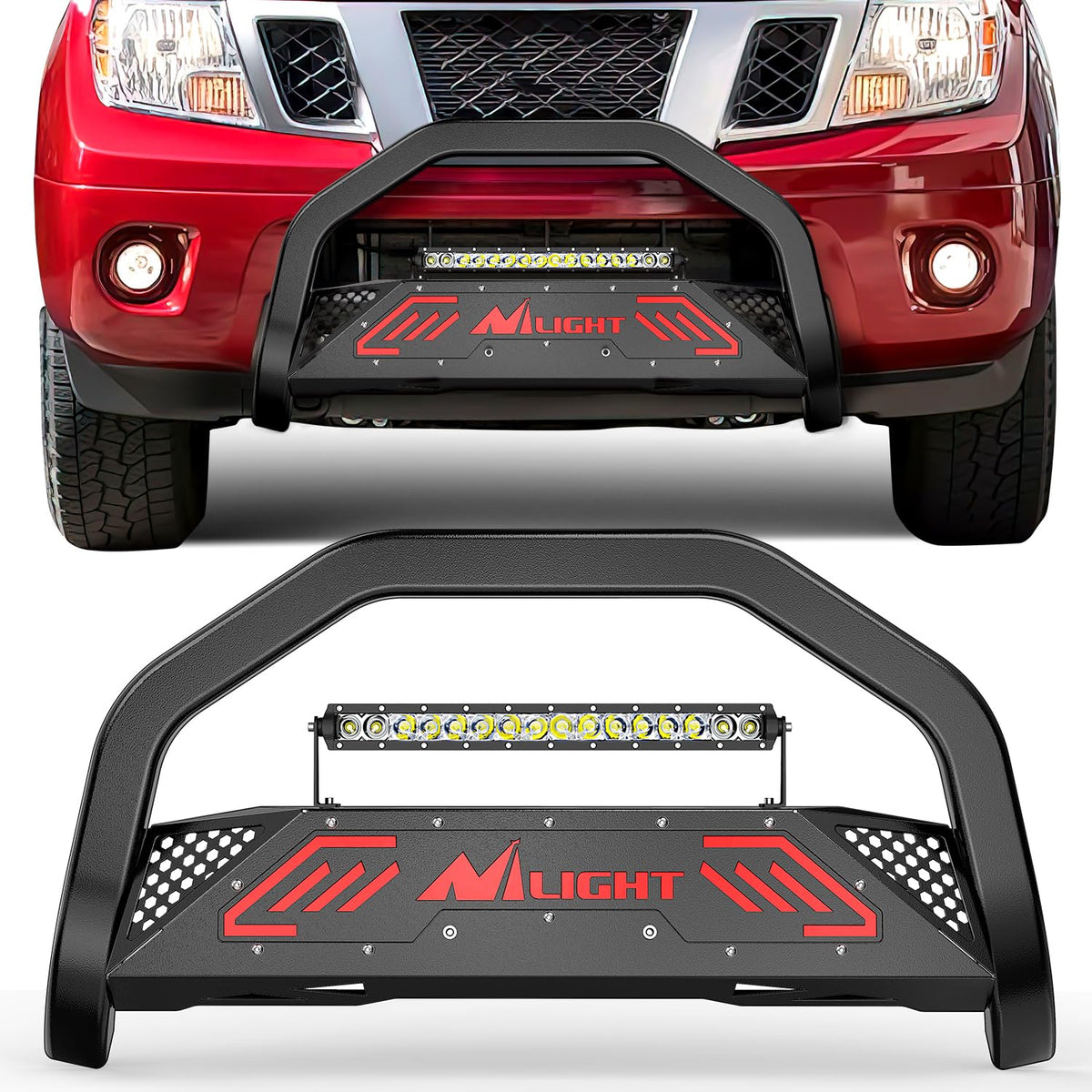 Nilight Bull Bar con luz para Nissan Frontier 2005-2021 (Gancho de Remolque | Protector de cepillo para polvo de rejilla de parachoques delantero con luz LED auxiliar, agujero de licencia de placa